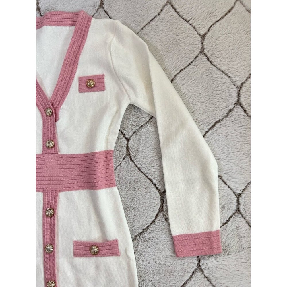 DAIMARAN Bombay Women's Dress Bodycon White Pink With Buttons Long Sleeves S - Picture 5 of 6